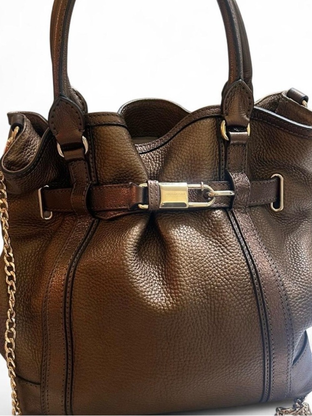 Auth Burberry Brown Pebbled Leather Satchel Bag with Gold Hardware